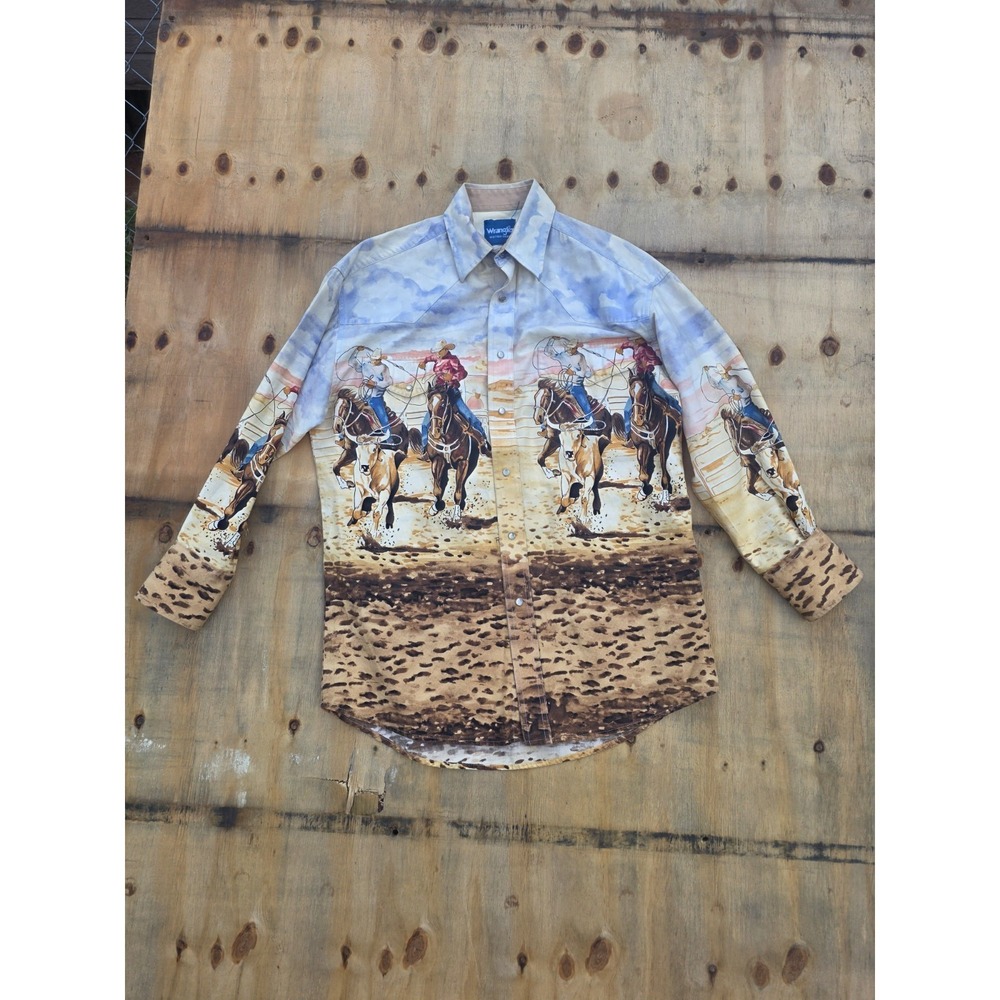 Vtg Wrangler Roger Langford Rodeo Pearl Snap Shirt Large Steer Roping Art AOP